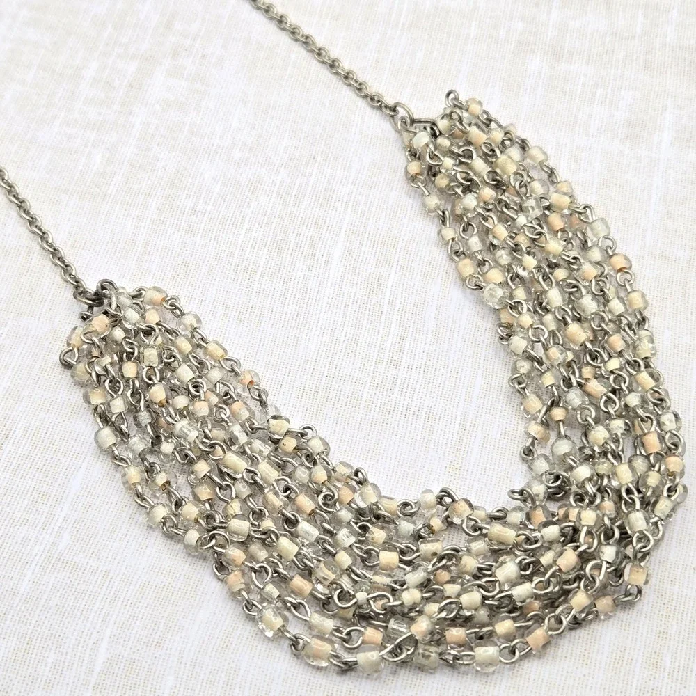 Vintage Handmade Silver Tone Multi Strand Necklace Cream‎ Clear Glass Seed Bead